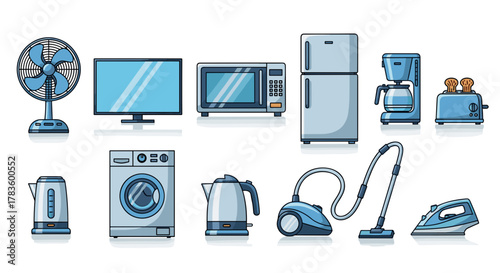Illustration showcasing an array of various household appliances neatly arranged on a white surface view