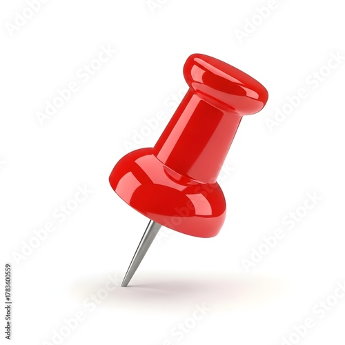 A single shiny red thumbtack or pushpin with a sharp metal point isolated on white background