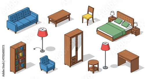 Isometric view of bedroom and living room furniture including bed sofa wardrobe and lamps arranged neatly