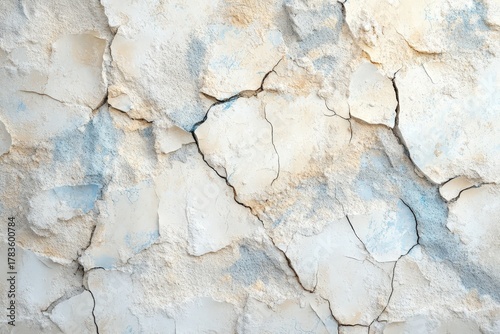 A detailed close-up view of a weathered, cracked stucco wall displaying various shades of beige and pale blue.