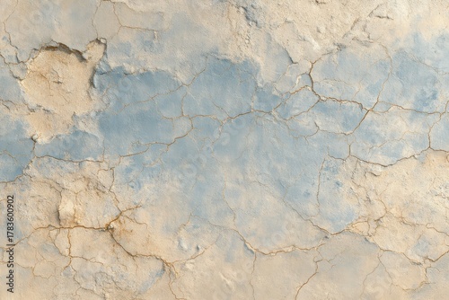 A textured surface of aged plaster, showing deep cracks and muted pastel tones, highlighting the weathered, antique effect.