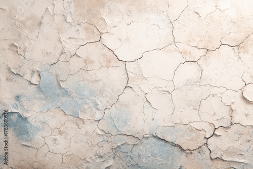 A close-up view of a weathered, cracked, light beige surface with muted blue-gray tones, showcasing the texture of aged plaster or paint.