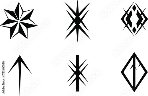 Abstract geometric vector symbols, black star shapes, diamond outlines, arrow icons, symmetrical spiked patterns, modern minimal design, branding, decorative illustration, futuristic style, stock art