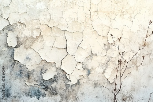 A weathered, light beige wall, extensively cracked and showing signs of peeling paint, with delicate, muted brown branches.
