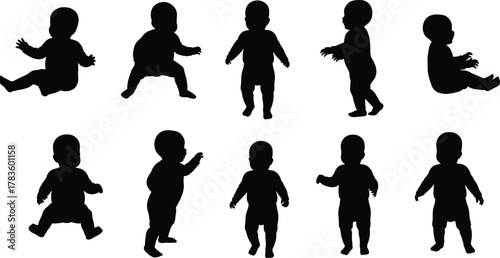 Baby silhouette vector set, infant poses illustration, child development stages artwork, sitting and walking figures, modern minimal design, parenting icon, stock art collection