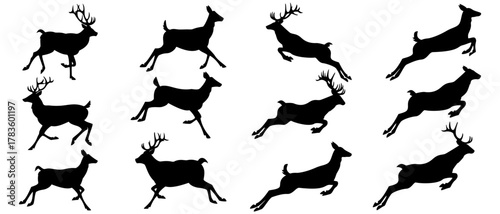 Running and Jumping Deer Silhouette Set - Dynamic Stag & Reindeer Clip Art