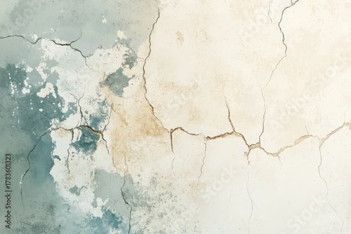 Aged, weathered plaster wall with extensive cracking, exhibiting a muted palette of beige, creams, and pale blues.