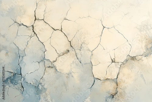 A textured surface displaying intricate cracks and muted pastel colors, evoking a sense of aged decay and weathered beauty.