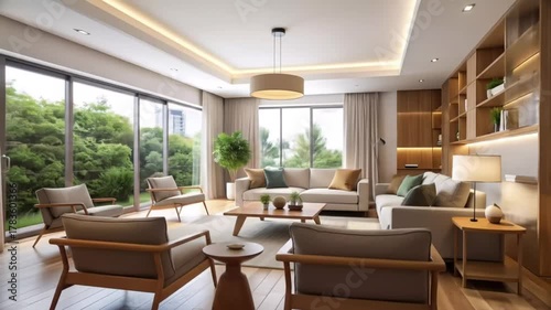 Modern Living Room Interior Design with Natural Light and Garden View.