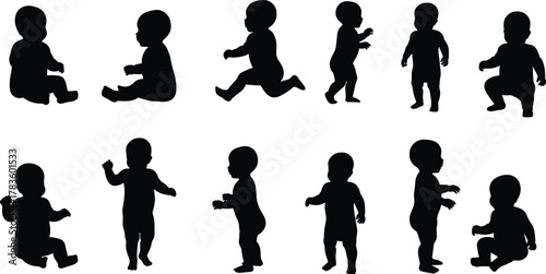 Baby silhouette vector set, infant crawling walking sitting standing icons, child development stages illustration, parenting design, modern minimal style, stock art collection