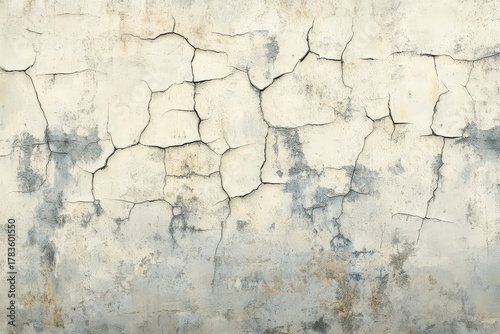 A weathered, cracked concrete wall displays a spectrum of muted greys and beige tones, showcasing the passage of time.