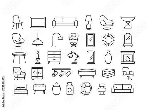 Home Furniture and Interior Decor Line Icons Set. Collection of Thin Outline Symbols for Modern House Decoration, Living Room, and Bedroom.