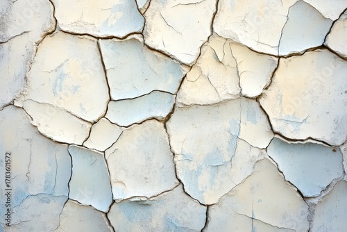 A close-up view of cracked, pale white and light blue painted surface, displaying intricate patterns of fissures and textures.