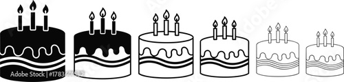 Birthday cake silhouette vector illustration, candles celebration artwork, dessert design progression, party icon set, modern minimal style, stock art collection