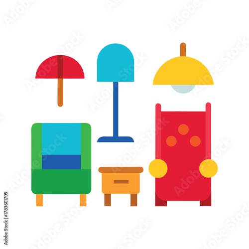 Colorful, cartoonish icons of a wooden chair, a red sofa, a table lamp, and a bed, all on a white background.