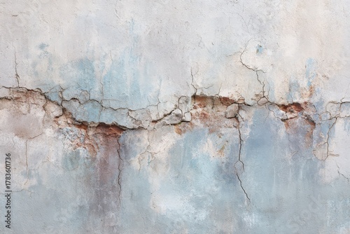 A weathered, aged exterior wall showcases a network of deep, intricate cracks, displaying a muted palette of grays and muted browns.