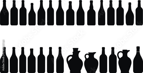 Bottle and jug silhouette vector illustration set, wine beer liquor container icons, beverage packaging artwork, modern minimal style, stock art collection