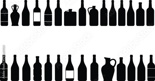 Bottle silhouette vector illustration set, wine beer liquor jug container icons, beverage packaging artwork, modern minimal style, stock art collection