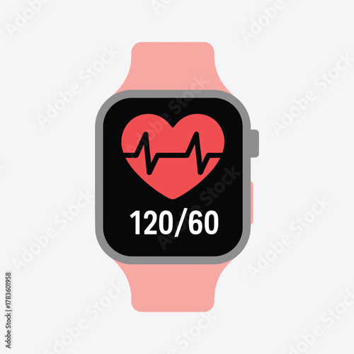 Pink smart watch displaying heart rate and blood pressure reading 120 60 smartwatch wearable technology vector illustration.