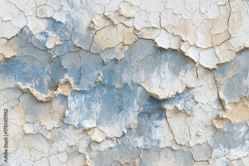 A weathered exterior wall displays a network of deep cracks, revealing layers of faded blue and beige paint beneath.
