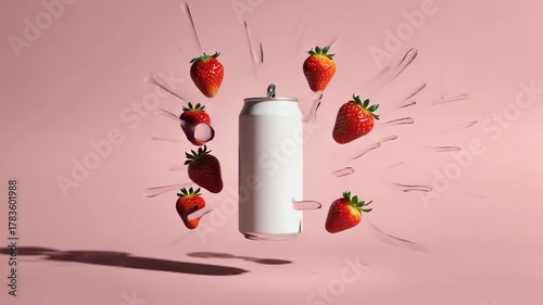 Dynamic burst of fresh strawberries exploding around a sleek white beverage can, capturing refreshing flavor and vibrant energy for modern advertising.