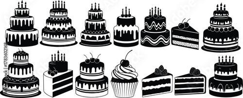 Cake and dessert silhouette vector illustration set, birthday wedding cupcake icons, bakery sweets artwork, celebration pastry design, modern minimal style, stock art collection