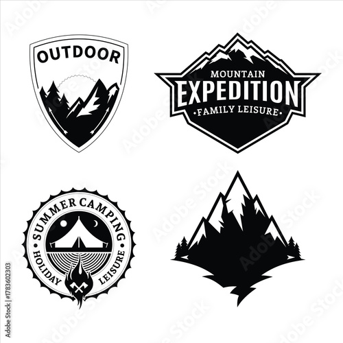 Black Outdoor Adventure Mountain Camping Badge Logo Set Collection Design