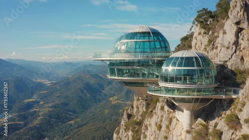 Stunning modern glass domes cling precariously to a sheer mountain cliffside, offering breathtaking panoramic views of a vast, verdant valley below in this dynamic travel destination.