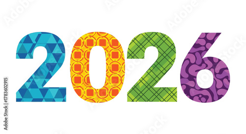 Colorful and patterned numbers forming the year 2026 against a white background symbolizing the future and new beginnings