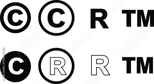 Copyright trademark registered symbols vector illustration set, intellectual property icons, legal rights protection artwork, branding ownership design, modern minimal style, stock art collection