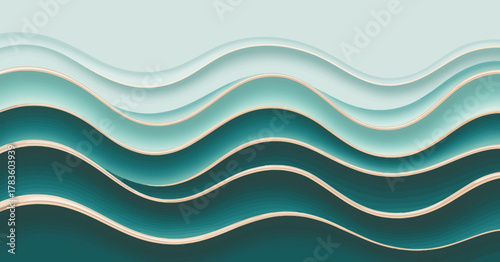 The image features flowing waves in various shades of blue and green with a stylish gradient effect, suggesting depth and tranquility in the underwater landscape.