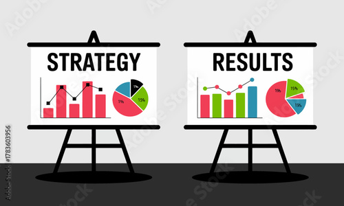 These presentation boards depict strategy and results with colorful graphs and bar charts, providing insight into analytical data and effective decision-making processes.