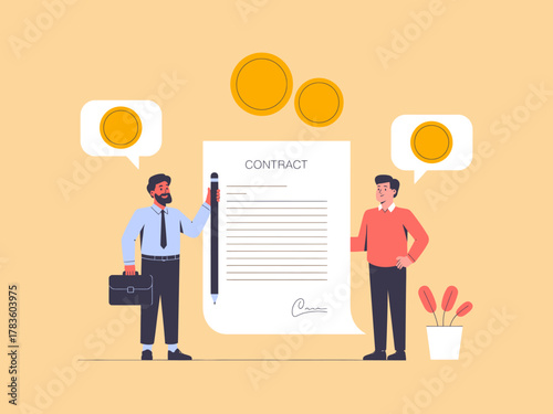 This illustration features two businessmen discussing a contract, highlighting collaboration and negotiation in a professional and commercial setting.