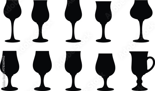 Drinking glasses silhouette vector set, wine goblet mug icons, beverage container artwork, barware design illustration, modern minimal style, stock art collection