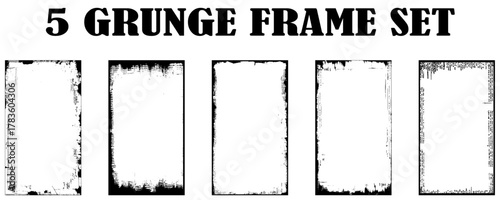 Grunge frames set templates. Ink paint border with rough edges for poster and banner. Retro textured overlays. Rectangular old black abstract flyers on transparent background. Vector illustration. 