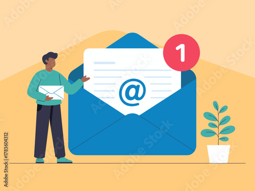 The image shows a stylized envelope with a notification symbol, emphasizing communication and connectivity in the digital world alongside a decorative plant in the background.