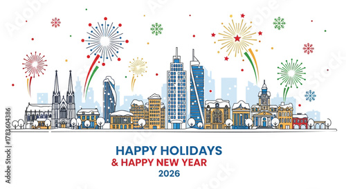 Festive city skyline with fireworks and snowflakes celebrating happy holidays and happy new year 2026