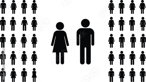 Gender distribution vector illustration, male female population icons, balanced demographic artwork, 