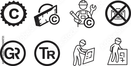 Intellectual property and construction design icons vector illustration, copyright trademark engineering artwork, legal protection symbols, modern minimal style, stock art collection