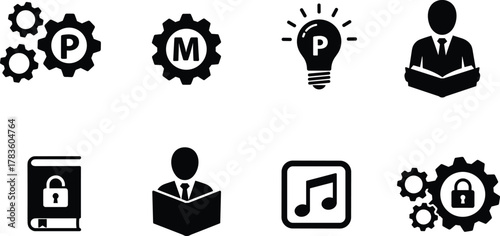 Intellectual property and content protection icons vector illustration set, education learning music padlock gears artwork, modern minimal style, stock art collection
