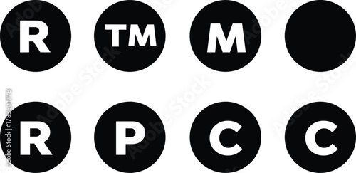Intellectual property symbols vector illustration, copyright trademark registered icons set, legal protection artwork, branding rights design, modern minimal style, stock art collection