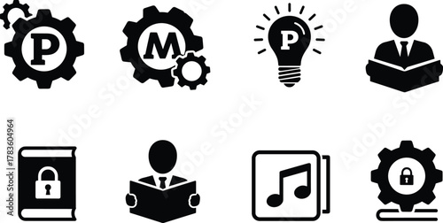 Intellectual property vector icons, patent and trademark symbols, copyright education illustration, 