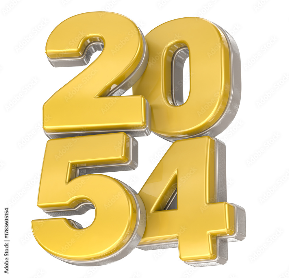 Fototapeta premium Luxurious 3D Golden Metallic Year 2054 Isolated on White Background Representing Future Dates and Milestones.