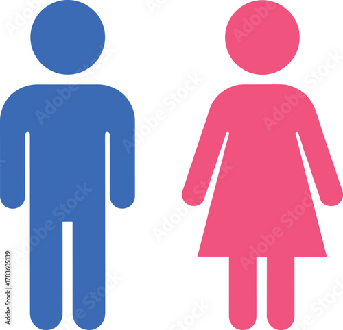 Male and female restroom icons, gender symbol vector illustration, blue and pink signage figures, public facility design, modern minimal style, stock art collection