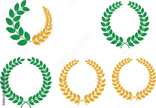 Laurel wreath vector set, green and golden leaf designs, victory and honor symbols, award emblems, achievement icons, decorative elements, branding illustration, stock art collection