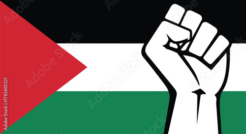 Palestine flag with raised fist vector illustration, resistance solidarity artwork, political activism design, human rights symbol, modern minimal style, stock art collection
