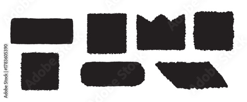 Black rectangle form and crown with jagged edges. Ripped rectangular square grunge shape silhouettes set. Textured vector element collection