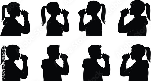 People drinking silhouette vector illustration set, cup and mug icons, beverage consumption artwork, lifestyle activity design, modern minimal style, stock art collection