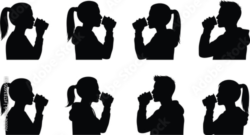 People drinking silhouette vector illustration set, cups and bottles icons, beverage consumption artwork, lifestyle activity design, modern minimal style, stock art collection