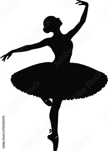 Ballerina silhouette dance pose with tutu pointe shoes, classical ballet dancer graceful movement vector illustration, elegant performance art design